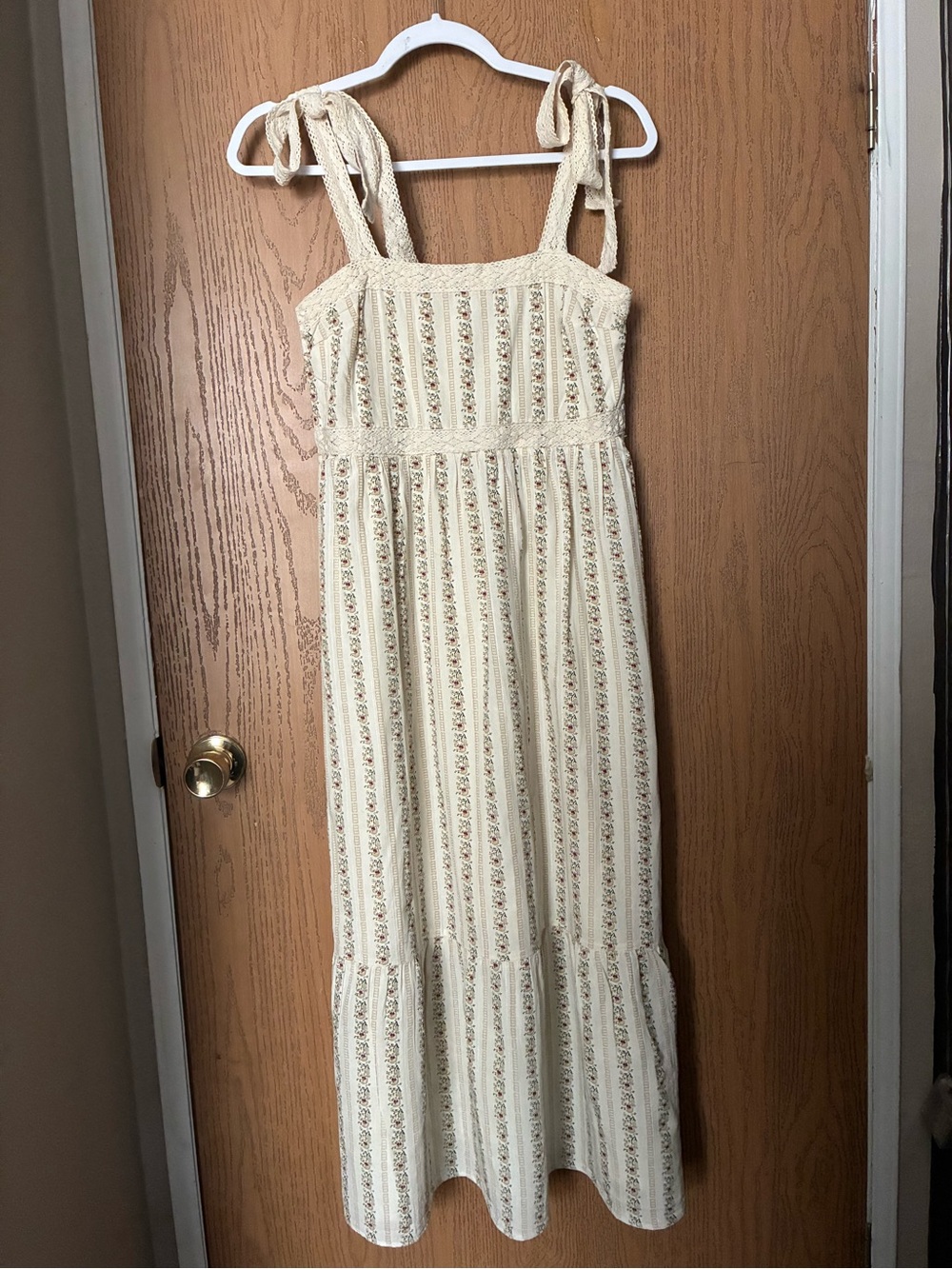 Cream Floral Stripe Tie-Shoulder Maxi Dress